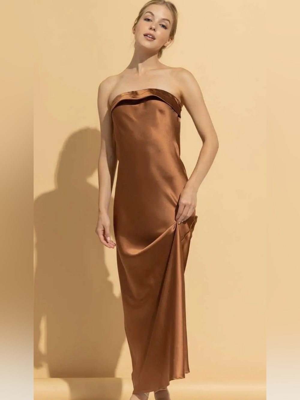 Strapless Satin Slip Dress in Bronze